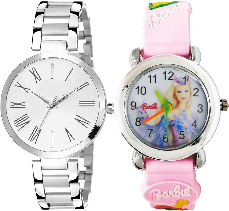 combo watch Analog Watch - For Girls Brand New Stylish Barbie Doll Analogue Silver And Pink Color Girls And Women Watch - G300-G323 (Combo of 2 )