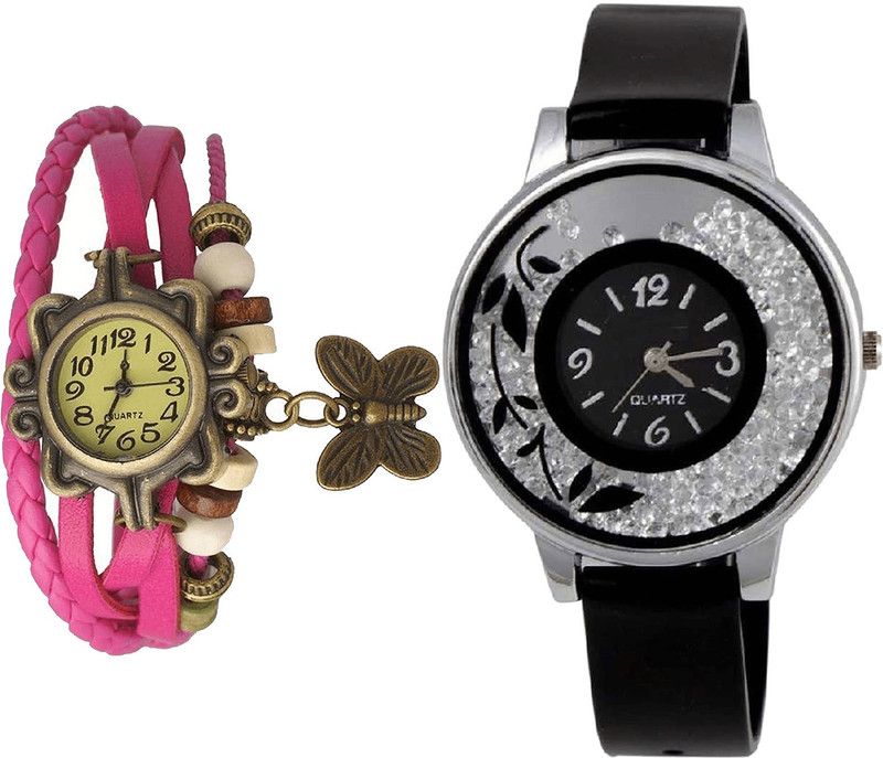 combo watch Analog Watch - For Girls Modern Present Butterfly And Flower Analogue Pink And Black Color Girls And Women Watch - G63-G86 (Combo Of 2 )