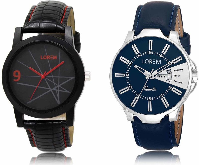 Set Of 2 Casual Round Synthetic Leather Analog Watch - For Men OB-LR08-LR23