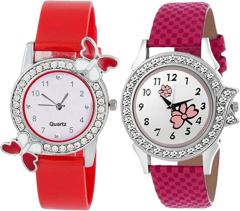 combo watch Analog Watch - For Girls Modern Heart Butterfly And Flower Analogue Red And Pink Color Girls And Women Watch - G101-G128 (Combo Of 2 )
