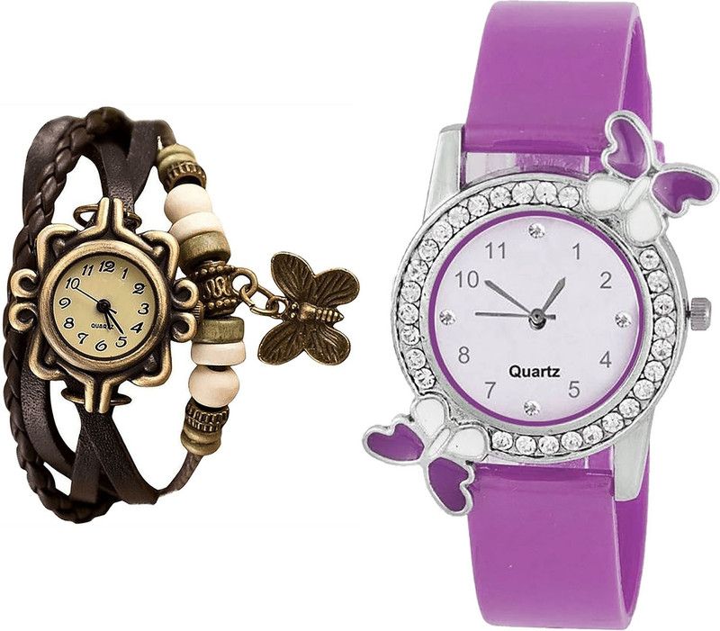 combo watch Analog Watch - For Girls Classical Heart Butterfly Analogue Brown And Purple Color Girls And Women Watch - G61-G100 (Combo Of 2 )