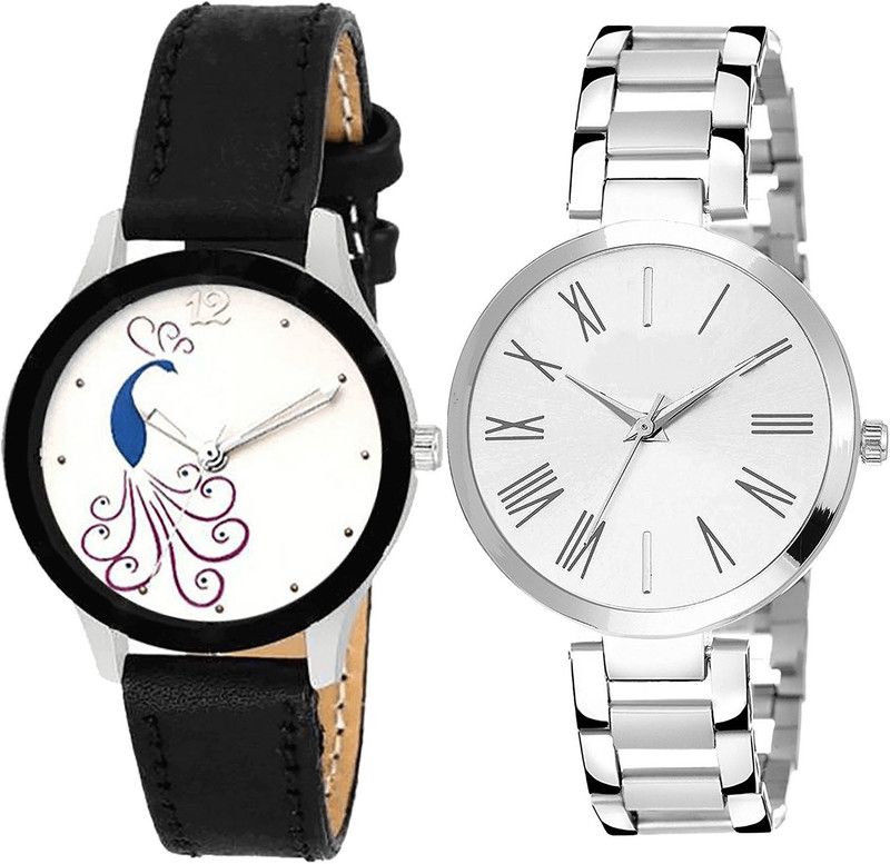 combo watch Analog Watch - For Girls Latest Technology Peacock Analogue Black And Silver Color Girls And Women Watch - G271-G300 (Combo Of 2 )