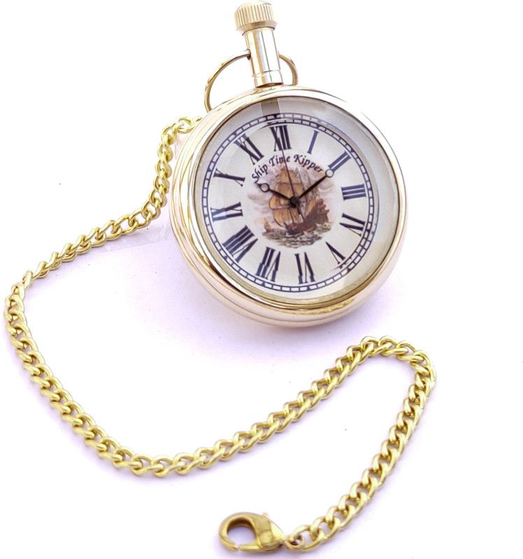 k.v handicrafts Classic Brass Ship Clock Dial Antique Indian Look Gandhi Watch / Pocket Watch with Long Chain By- K V Handicraft KVH-0068 Brass Finish Brass Pocket Watch Chain