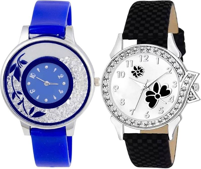 combo watch Analog Watch - For Girls New Luxury Flower Analogue Blue And Black Color Girls And Women Watch - G87-G126 (Combo Of 2 )