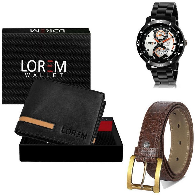 Men Combo Of Black Watch-Black Arificial Leather Wallet & Brown Belt Analog Watch - For Men FZ-LR107-WL42-BT04-BKL05