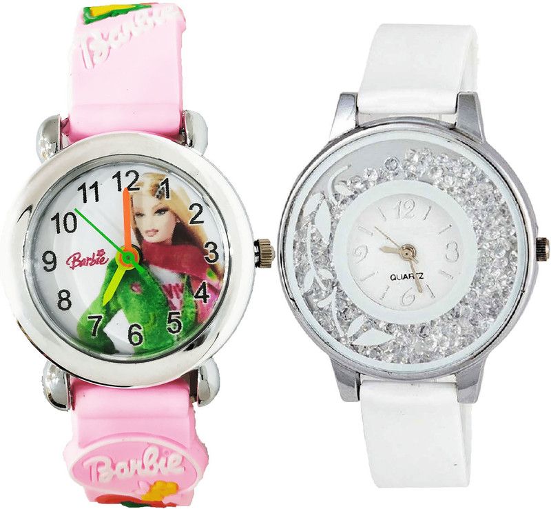 combo watch Analog Watch - For Girls Treading Traditional Barbie Doll And Flower Analogue Pink And White Color Girls And Women Watch - G324-G90 (Combo of 2 )