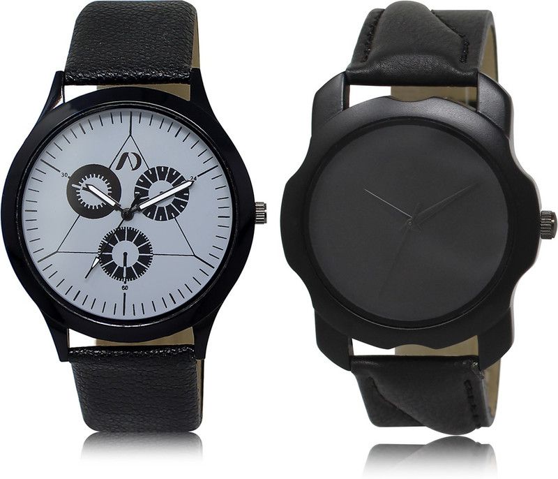Stylish Look Combo Analog Watch - For Couple AD03-LR22 New Attractive Black Leather Strap