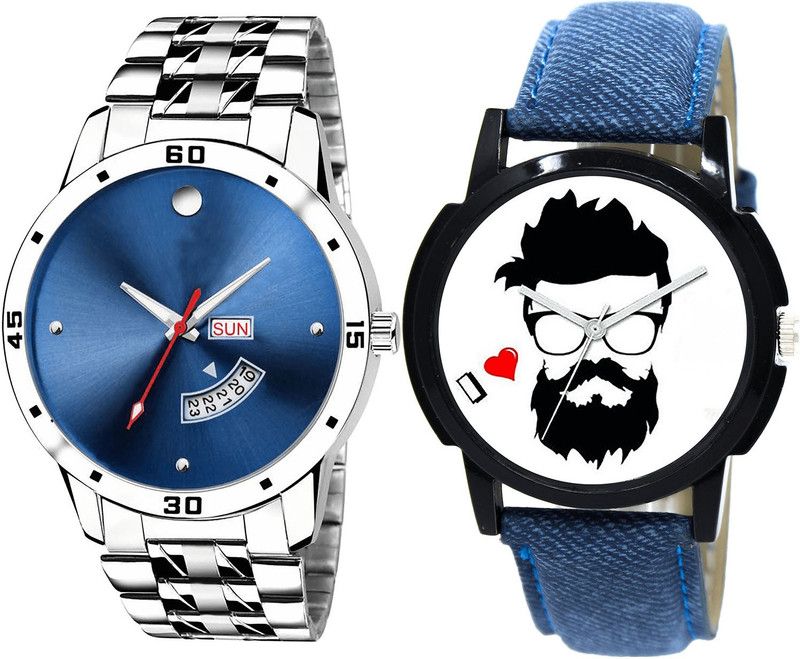 combo watch Analog Watch - For Girls Contemporary Tread Day And Date And Beard Style Analogue Silver And Blue Color Boys And Men Watch - BL46.105-B12 (Combo Of 2 )