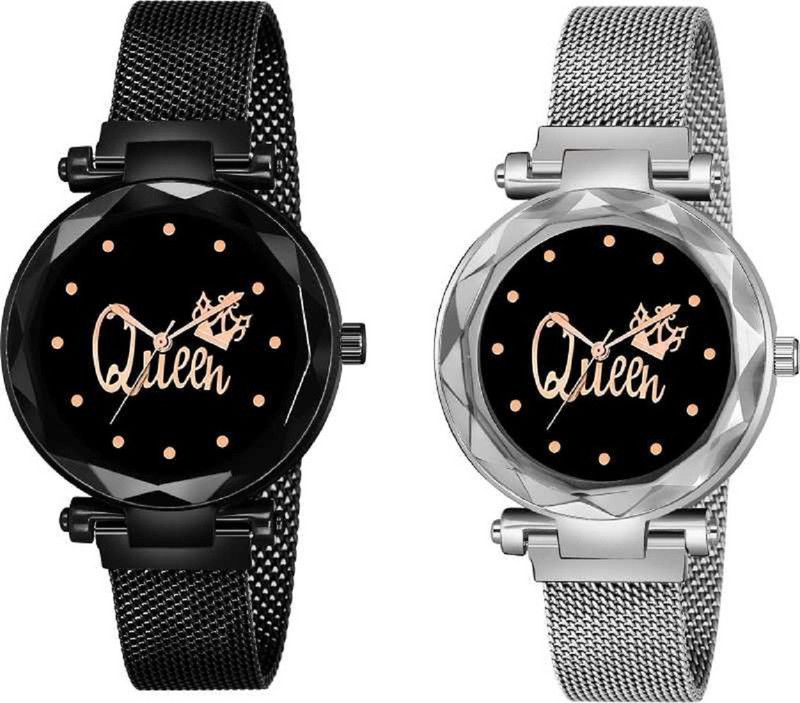 Analog Watch - For Girls Black and Silver Queen Dial combo Luxury Mesh Magnet Buckle Watches For girls Fashion Mysterious Lady Analog Watch for girls and women