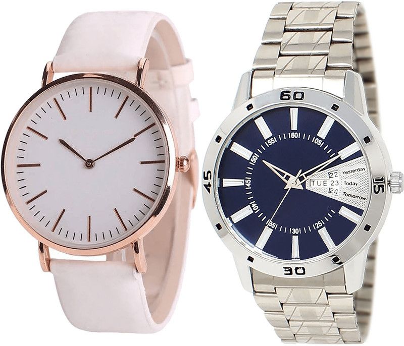 combo watch Analog Watch - For Girls Collegian Day And Date Analogue White And Silver Color Boys And Men Watch - B63-BL46.102 (Combo Of 2 )