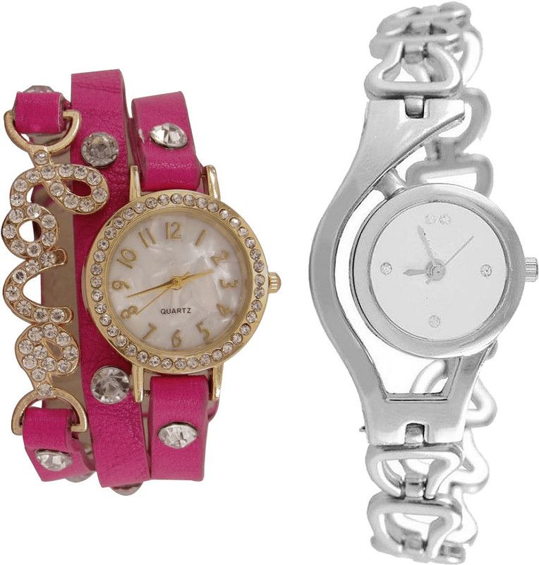 combo watch Analog Watch - For Girls Classical Wrist Love Valentine And Chain Analogue Pink And Silver Color Girls And Women Watch - G204-G70 (Combo Of 2 )