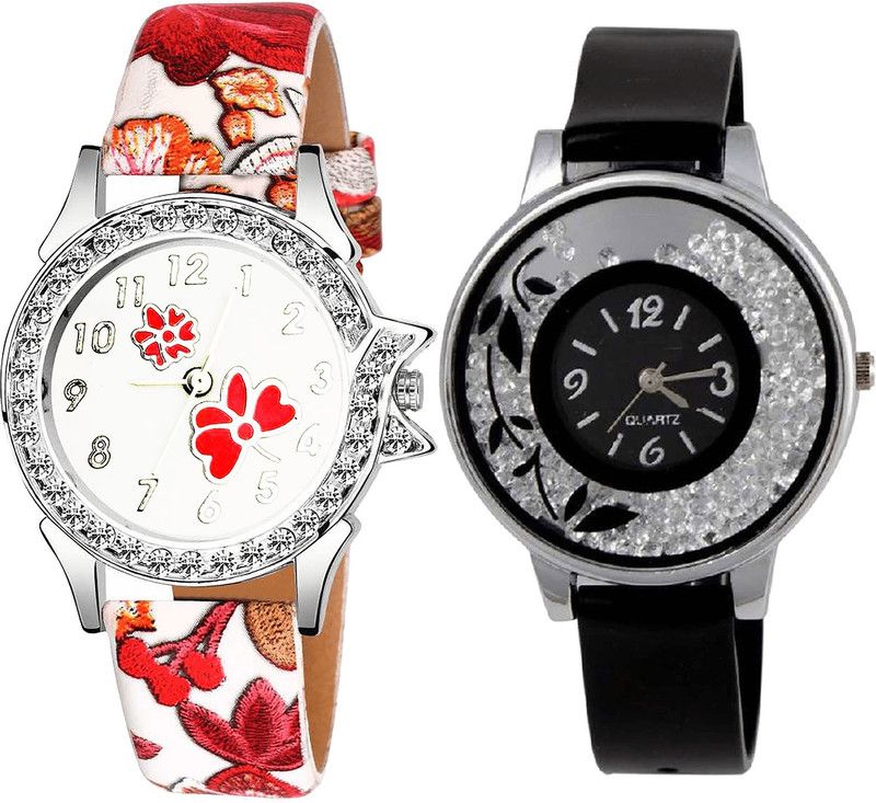 combo watch Analog Watch - For Girls Latest Model Flower Dimond And Flower Analogue Red And Black Color Girls And Women Watch - G409-G86 (Combo of 2 )