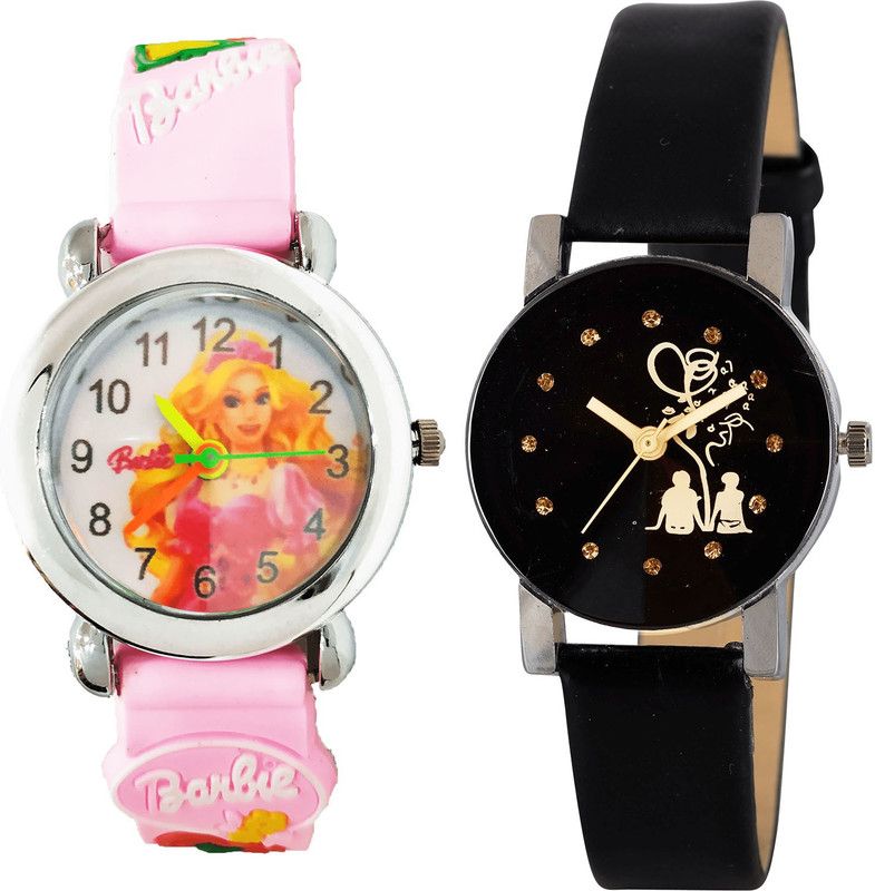 combo watch Analog Watch - For Girls Treading Analogue Barbie Doll And Love Valentine Couple Analogue Pink And Black Color Girls And Women Watch - G320-G389 (Combo of 2 )