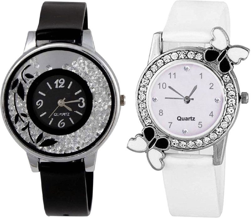 combo watch Analog Watch - For Girls Latest Royal Flower And Butterfly Analogue Black And White Color Girls And Women Watch - G86-G102 (Combo Of 2 )