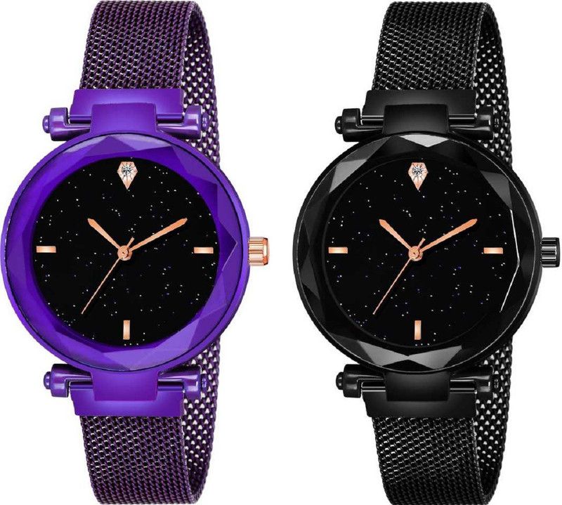 Analog Watch - For Women Black and Purple 4 figer with Blue Magnetic Buckle Starry Belt Analog Watch Quartz Watch for Women