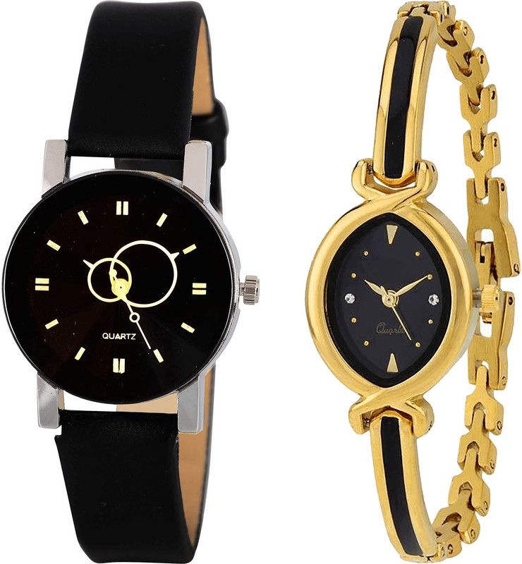 combo watch Analog Watch - For Girls Contemporary Present Geometric Design Analogue Black And Gold Color Girls And Women Watch - G386-G121 (Combo of 2 )