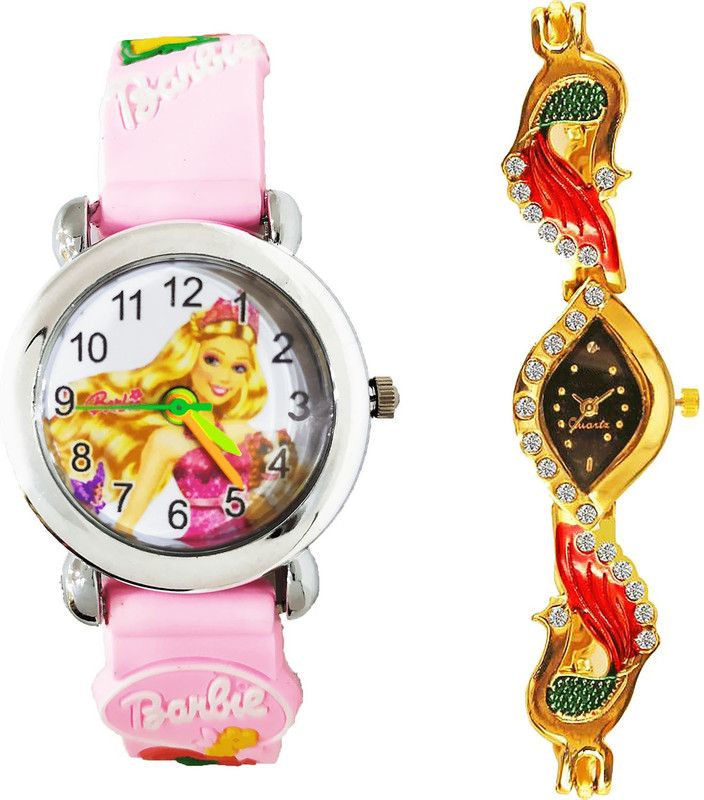 combo watch Analog Watch - For Girls Classical Casual Barbie Doll And Peacock Analogue Pink And Gold Color Girls And Women Watch - G321-G117 (Combo of 2 )