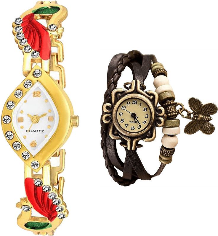 combo watch Analog Watch - For Girls Modern Stylish Peacock And Butterfly Analogue Gold And Brown - G116-G61