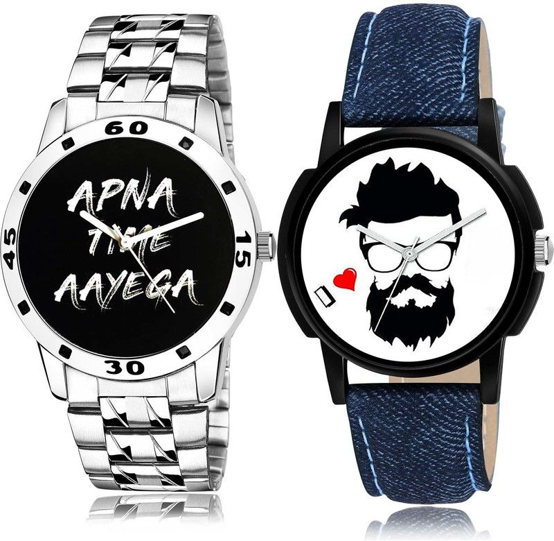 combo watch Analog Watch - For Boys Wrist Apna Time Aayega Chain Watch And Beard Style Silver And Blue Color Boys And Men Watch - B414-B12 (Combo Of 2 )