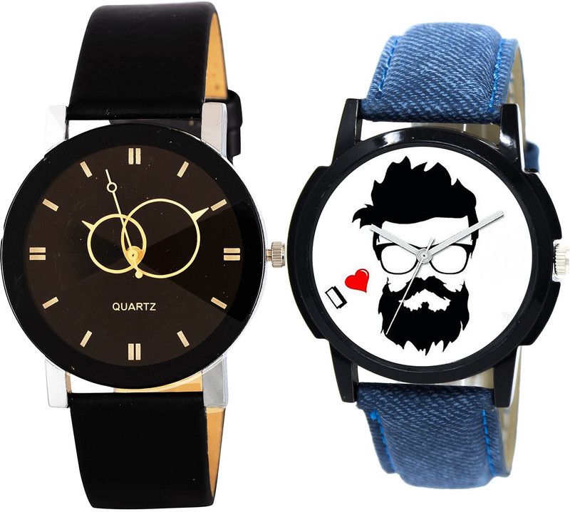 combo watch Analog Watch - For Girls Best Technology Geometric Design And Beard Style Analogue Black And Blue Color Boys And Men Watch - B135-B12 (Combo Of 2 )