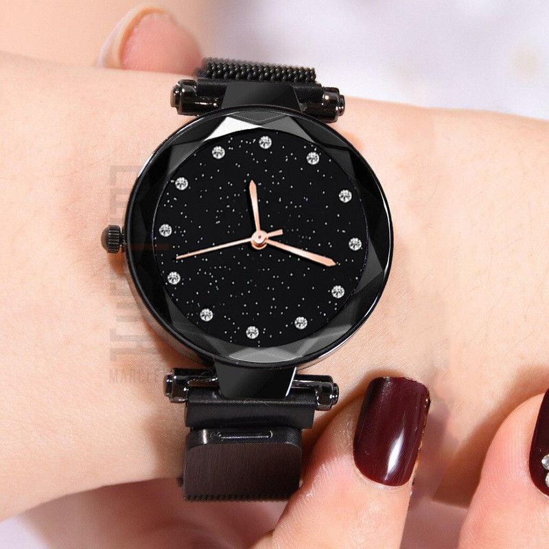 Stylish 12 Diamond Studded magnet Watch for Womens watches girls watch for girls Analog Watch - For Women Namid Black Stylish 12 Point Diamond Black Color