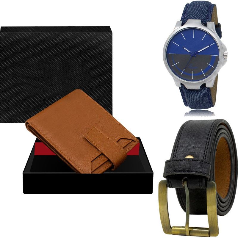 Combo Of Artificial Leather Belt-Wallet & Analog Watch - For Men LR24-WL10-BL01