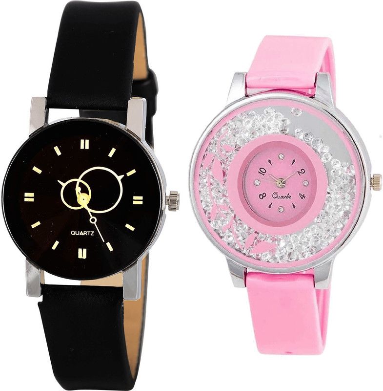 combo watch Analog Watch - For Girls Contemporary Royal Geometric Design And Flower Analogue Black And Pink Color Girls And Women Watch - G386-G88 (Combo of 2 )