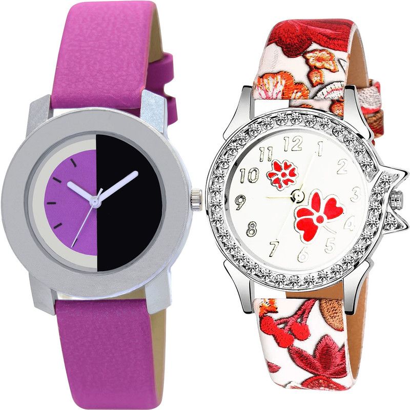 combo watch Analog Watch - For Girls Classical Branded Flower Dimond Analogue Pink And Red Color Girls And Women Watch - G275-G409 (Combo of 2 )