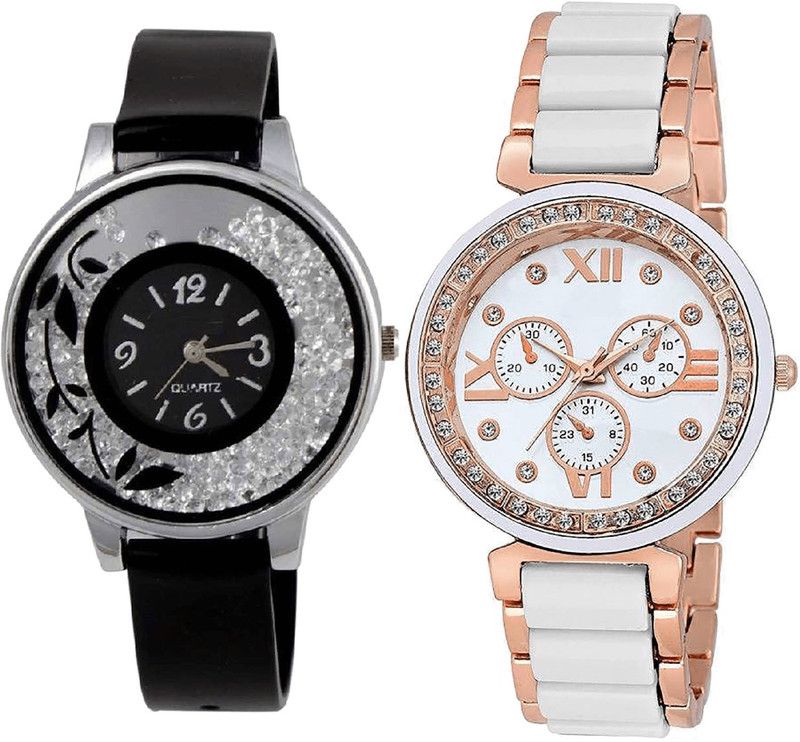 combo watch Analog Watch - For Girls Brand New Royal Flower Analogue Black And White Color Girls And Women Watch - G86-G210 (Combo Of 2 )
