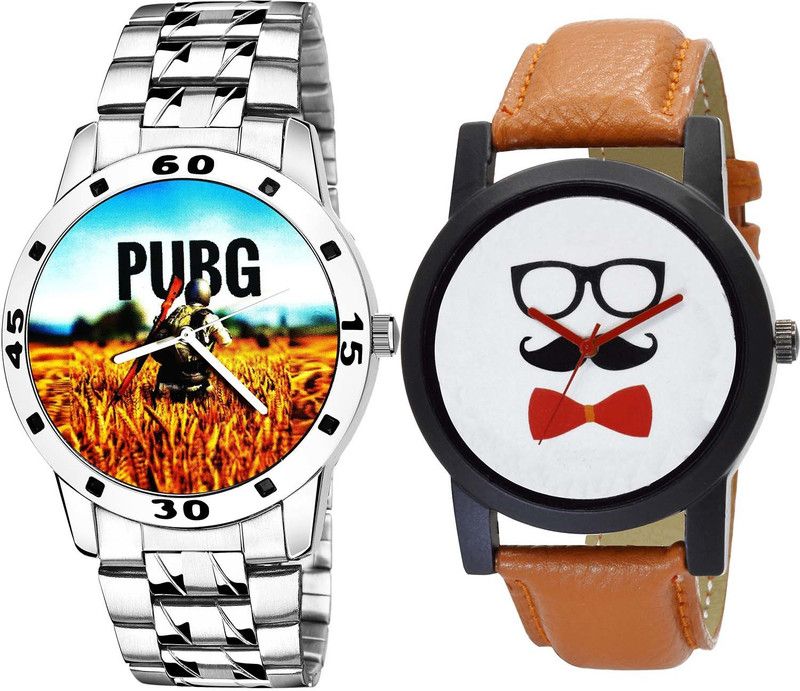 combo watch Analog Watch - For Boys Latest Fashionable Pubg Military Army Chain Watch And Beard Style Silver And Brown Color Men Watch - B488-B53 (Combo Of 2 )