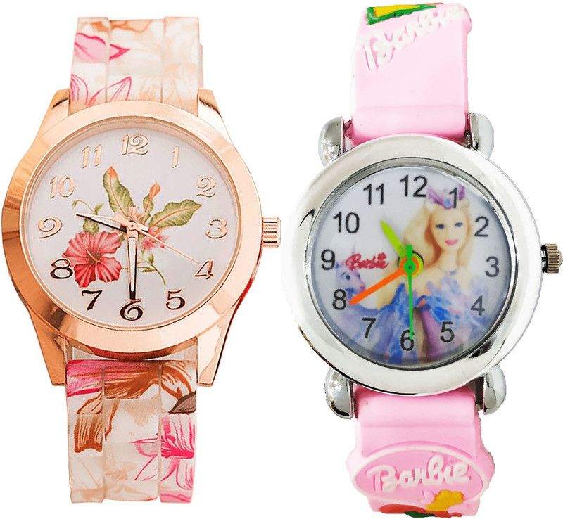 combo watch Analog Watch - For Girls Modern Love Flower And Barbie Doll Analogue White And Pink Color Girls And Women Watch - G305-G323 (Combo of 2 )