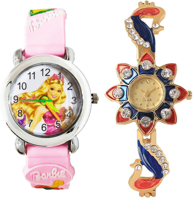 combo watch Analog Watch - For Girls Classical Fashion Barbie Doll And Peacock Analogue Pink And Gold Color Girls And Women Watch - G321-G118 (Combo of 2 )