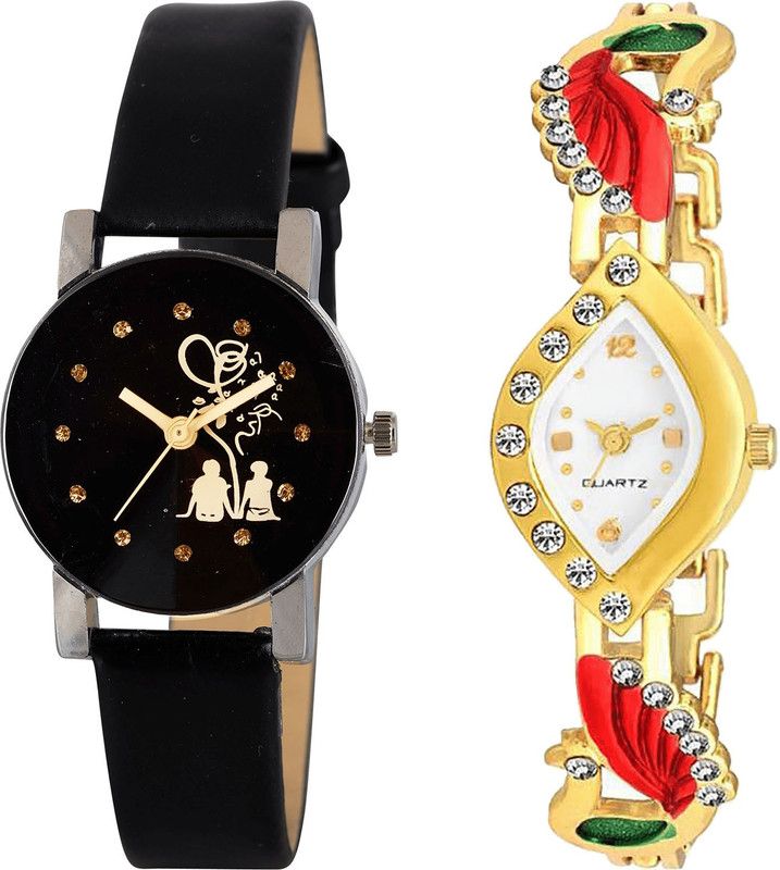 combo watch Analog Watch - For Girls Latest Heart Love Valentine Couple And Peacock Analogue Black And Gold Color Girls And Women Watch - G389-G116 (Combo of 2 )