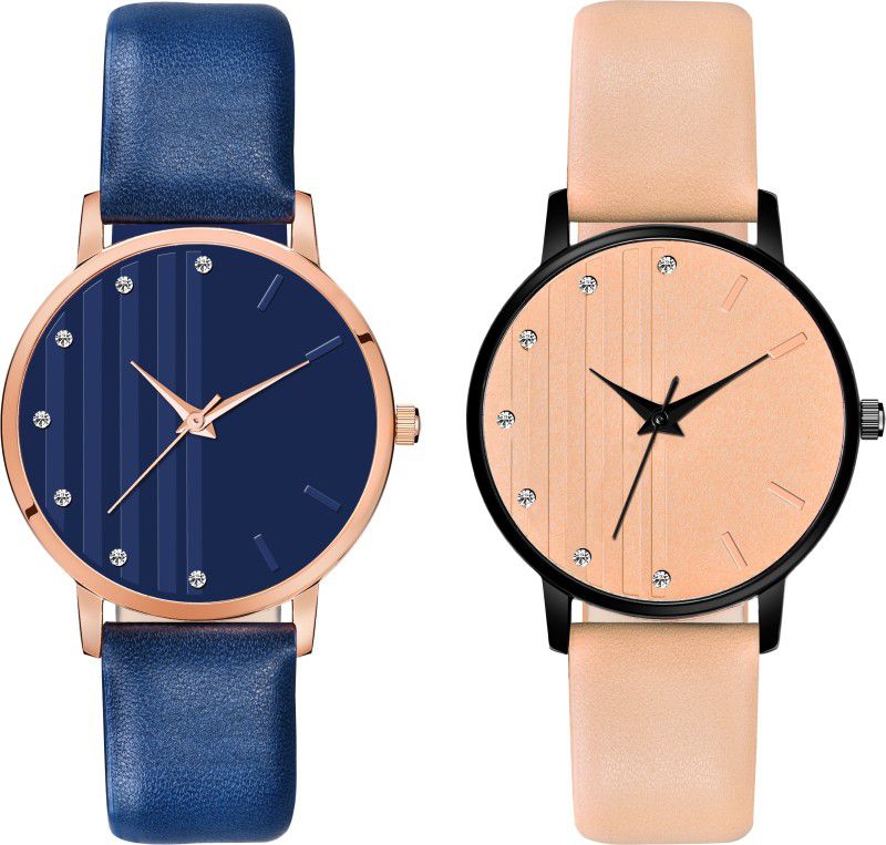 Analog Watch - For Girls blue&orangeColor Diamond Studded Round Dial Designer Leather Belt Watch for Girl