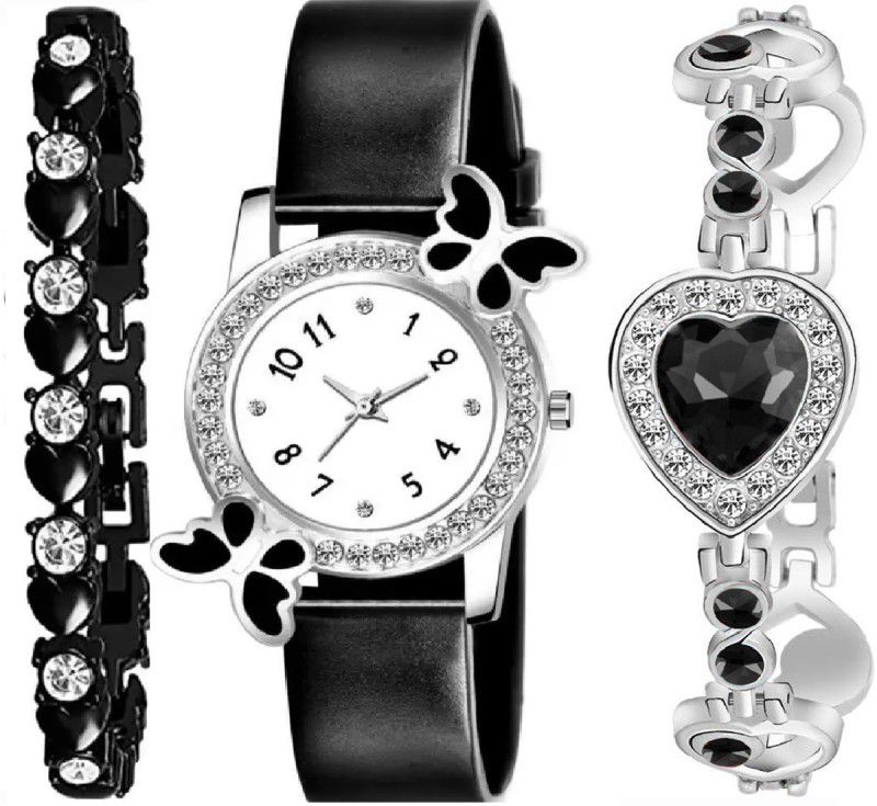 Analog Watch - For Girls Best Designer Black Butterfly & 2 Bracelet For Women