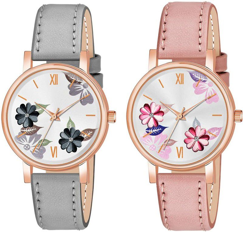 Analog Watch - For Girls XN-Different Color Flowered Dial Leather Strap Analog watch