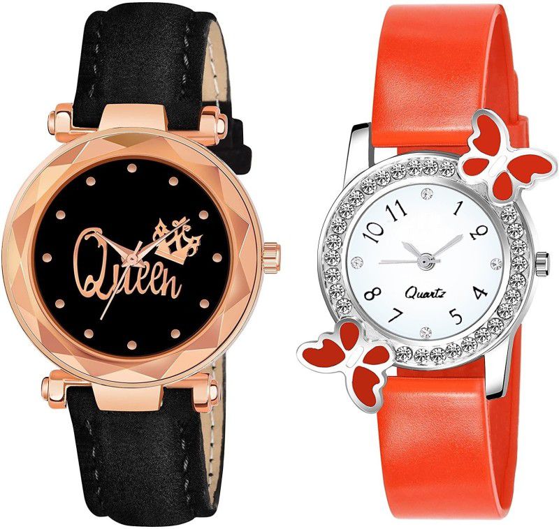 Analog Watch - For Girls New Stylish Combo Of Queen Printed Dial Black Watch & Red Butterfly