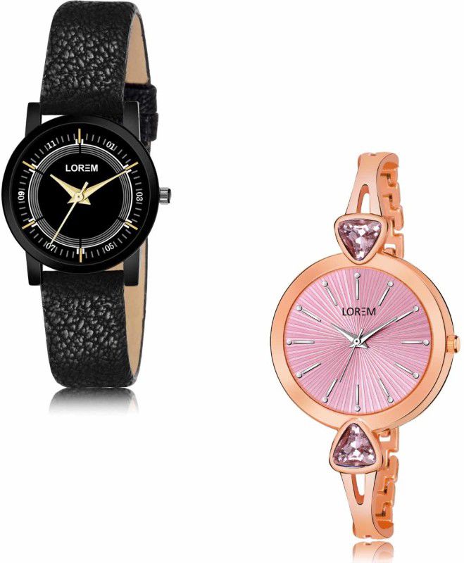 Analog Watch - For Women LR252-LR277 Black-Pink Professional Look-Fancy Stone Combo of 2