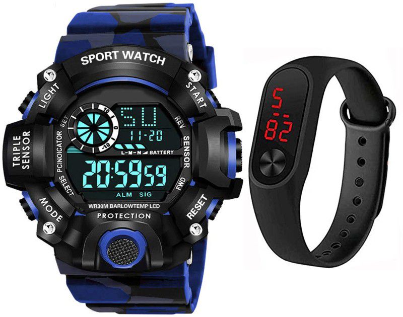 Digital Sports Watch for Men's Kids Watch for Boys Watch For Men Pack of 2 Digital Watch - For Men Digital Watch With Led Shockproof Multi-Functional Blue Strap Waterproof