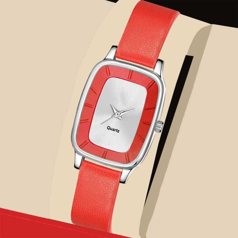 Analog Watch - For Girls UNIQUE SQUARE DIAL WHITE & RED STYLISH GIRLS WOMEN FESTIVAL_PARTY_PROFESSIONAL WEAR UNIQUE DIAL STEEL CHAIN LEATHER BELT TRACK DESIGNER FAST SELLING TRENDY & STYLISH WATCH FOR GIRLS