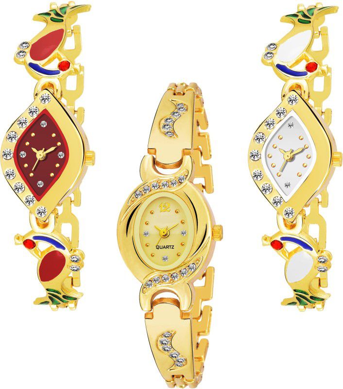 Analog Watch - For Girls Combo Pack 3 Attractive Designer Multicolor Dial Golden Chain Belt Bracelate Watch For Women & Girls PC-19