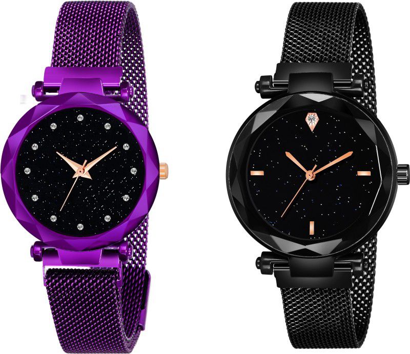 Analog Watch - For Girls Luxury Mesh Magnet Buckle Starry sky Quartz Watches girls Fashion Mysterious Purple 12 daimouns & black Watch