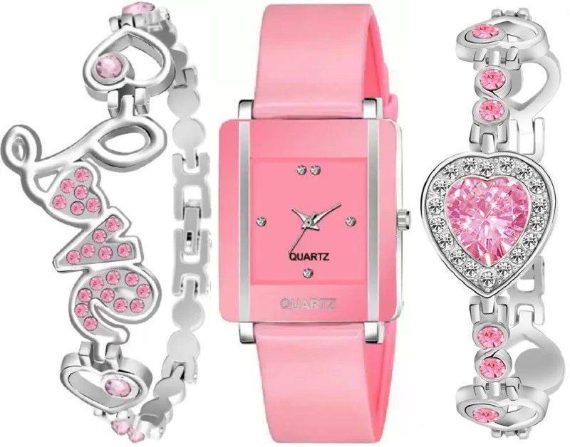 Analog Watch - For Girls New Combo Of Pink Square Dial Silicone & 2 Bracelet For Women