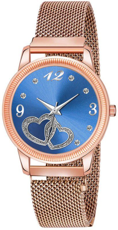 Designer Fashion Wrist Analog Watch - For Girls New Fashion Dual heart Blue Dial Rose Gold Maganet Strap For Girl