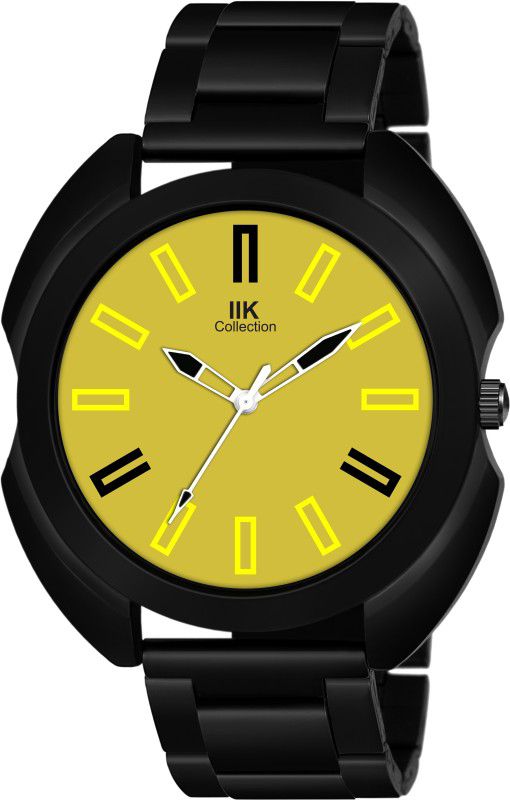 Yellow Round Artistic Dial with Black Stainless Steel Metallic Bracelet Chain Analog Watch - For Men IIK-870M