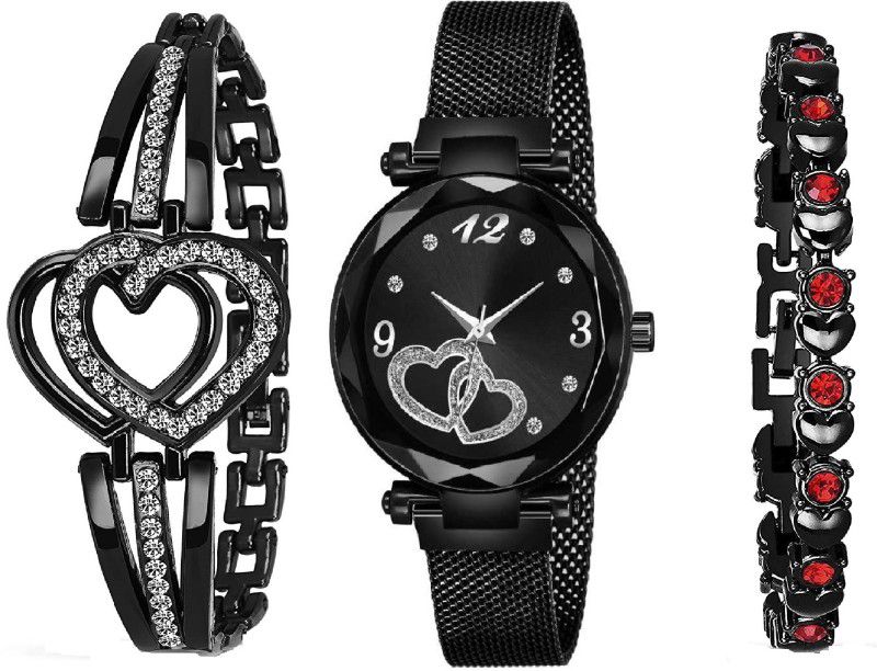 Analog Watch - For Girls Black Heart Dial With Magnetic Metal Strep Analog Watch and Stylish Lady 2 Bracelet Combo For Girls and Women Analog Watch (Combo of 3 ) Analog Watch - For Girls