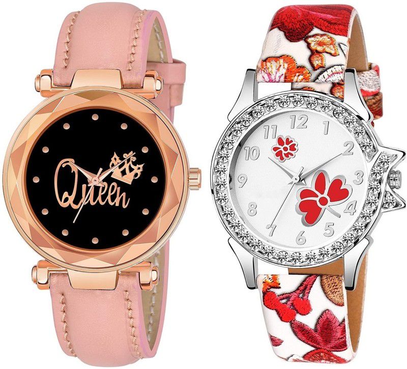 Analog Watch - For Girls Best Designer Combo Of Queen Printed Pink Watch& Butterfly Dial Multicolor Strap