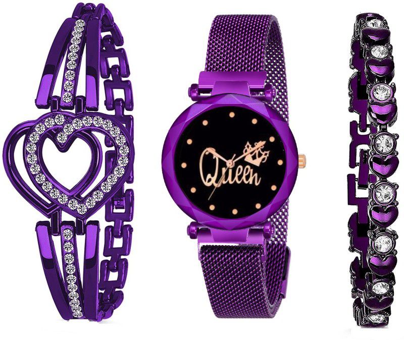 Analog Watch - For Girls Purple Queen Dial With Magnetic Metal Strep Analog Watch and Stylish Lady Bracelet Combo For Girls and Women Analog Watch (Combo of 3 ) Analog Watch - For Girls
