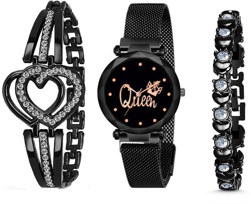 Analog Watch - For Girls Black Queen Dial With Magnetic Metal Strep Analog Watch and Stylish Lady Bracelet Combo For Girls and Women Analog Watch (Combo of 3 ) Analog Watch - For Girls