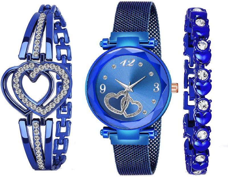 Analog Watch - For Girls Blue Heart Dial With Magnetic Metal Strep Analog Watch and Stylish Lady 2 Bracelet Combo For Girls and Women Analog Watch (Combo of 3 ) Analog Watch - For Girls